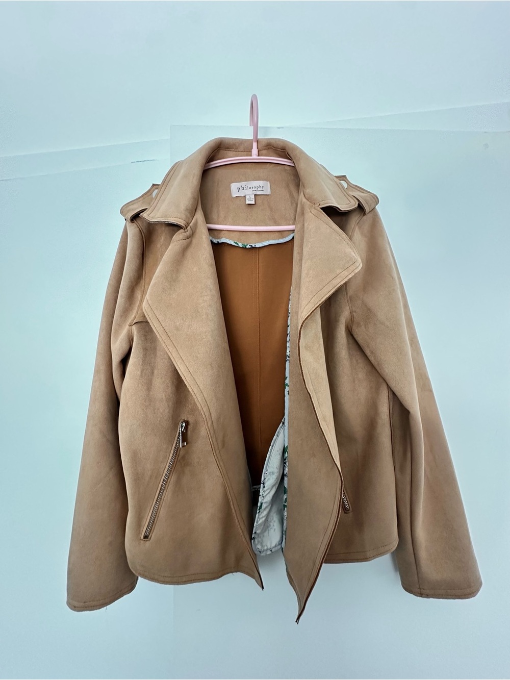 Philosophy Republic Women’s Tan Faux Suede Moto Jacket Size L Zip Pockets